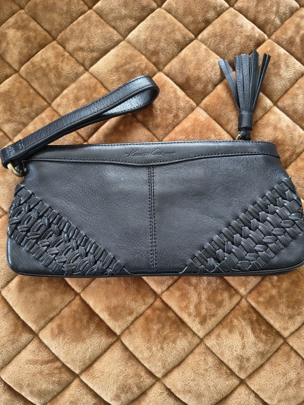 Kenneth Cole Black Woven Leather Wristlet Clutch with Tassel